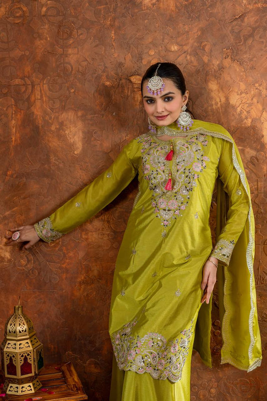 Party Wear Look Pur Chinon Silk Top Plazzo & Dupatta Set - Jaipur Blossom