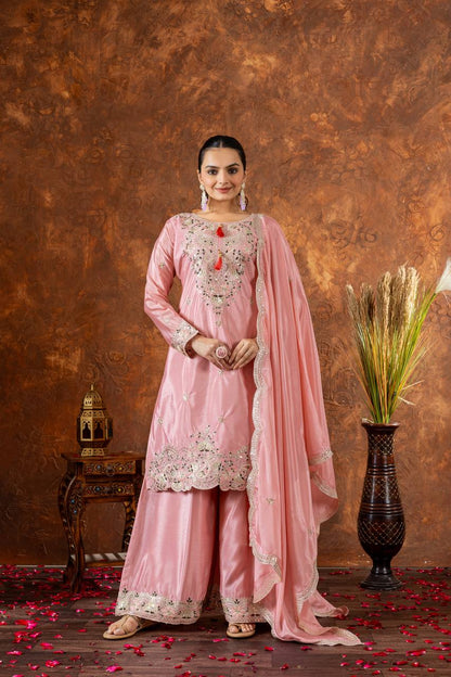 Party Wear Look Pur Chinon Silk Top Plazzo & Dupatta Set - Jaipur Blossom