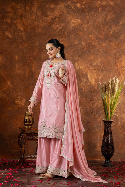 Party Wear Look Pur Chinon Silk Top Plazzo & Dupatta Set - Jaipur Blossom