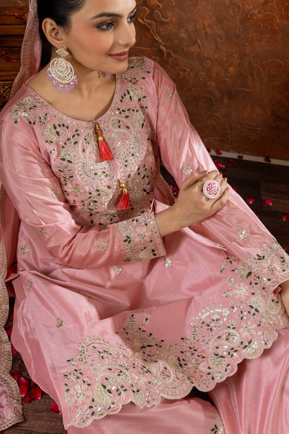 Party Wear Look Pur Chinon Silk Top Plazzo & Dupatta Set - Jaipur Blossom