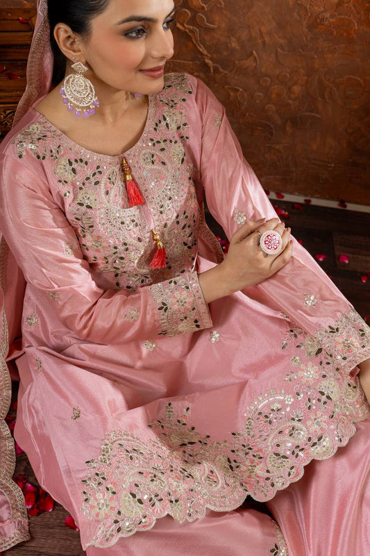 Party Wear Look Pur Chinon Silk Top Plazzo & Dupatta Set - Jaipur Blossom