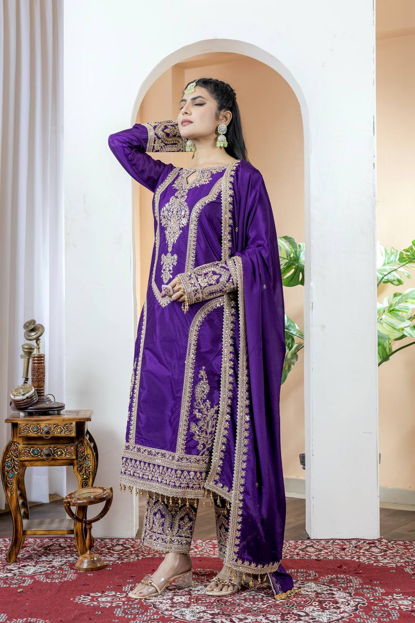 Chinon Silk Embroidered Work Salwar Suit - Jaipur Blossom