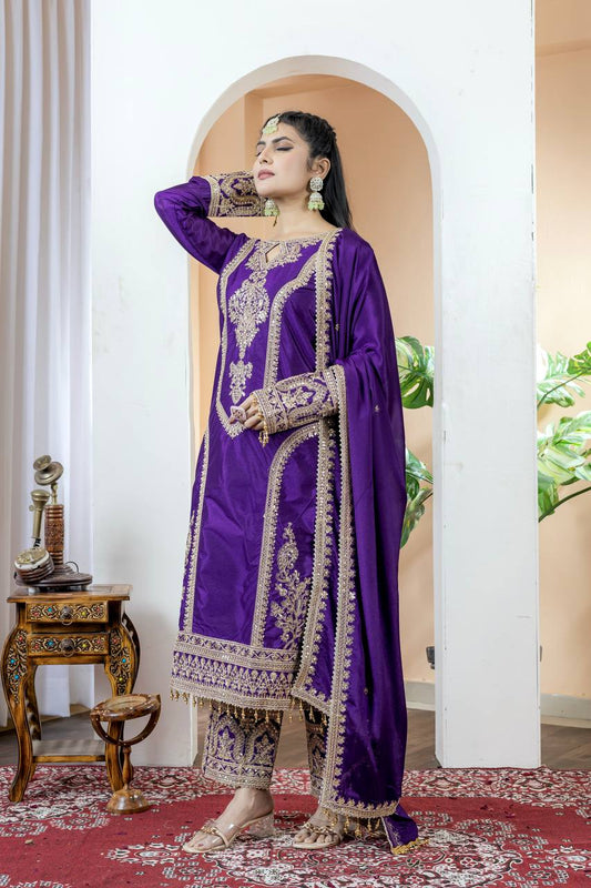 Chinon Silk Embroidered Work Salwar Suit - Jaipur Blossom
