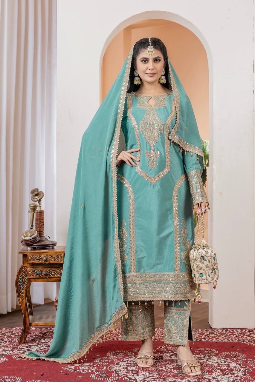 Chinon Silk Embroidered Work Salwar Suit - Jaipur Blossom