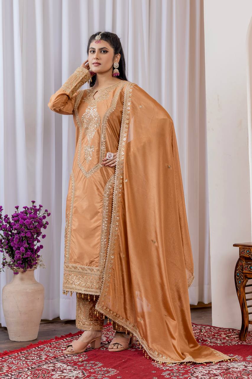 Chinon Silk Embroidered Work Salwar Suit - Jaipur Blossom