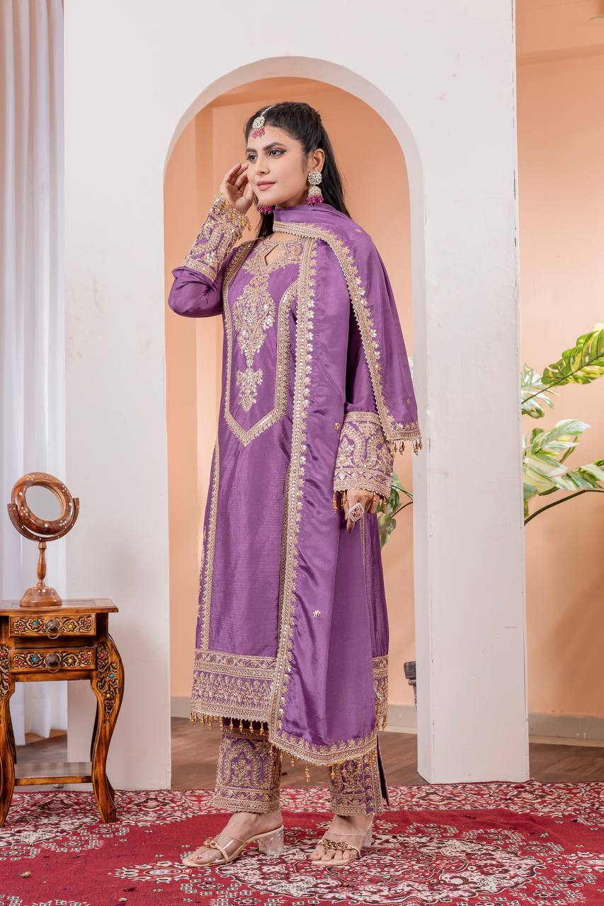 Chinon Silk Embroidered Work Salwar Suit - Jaipur Blossom