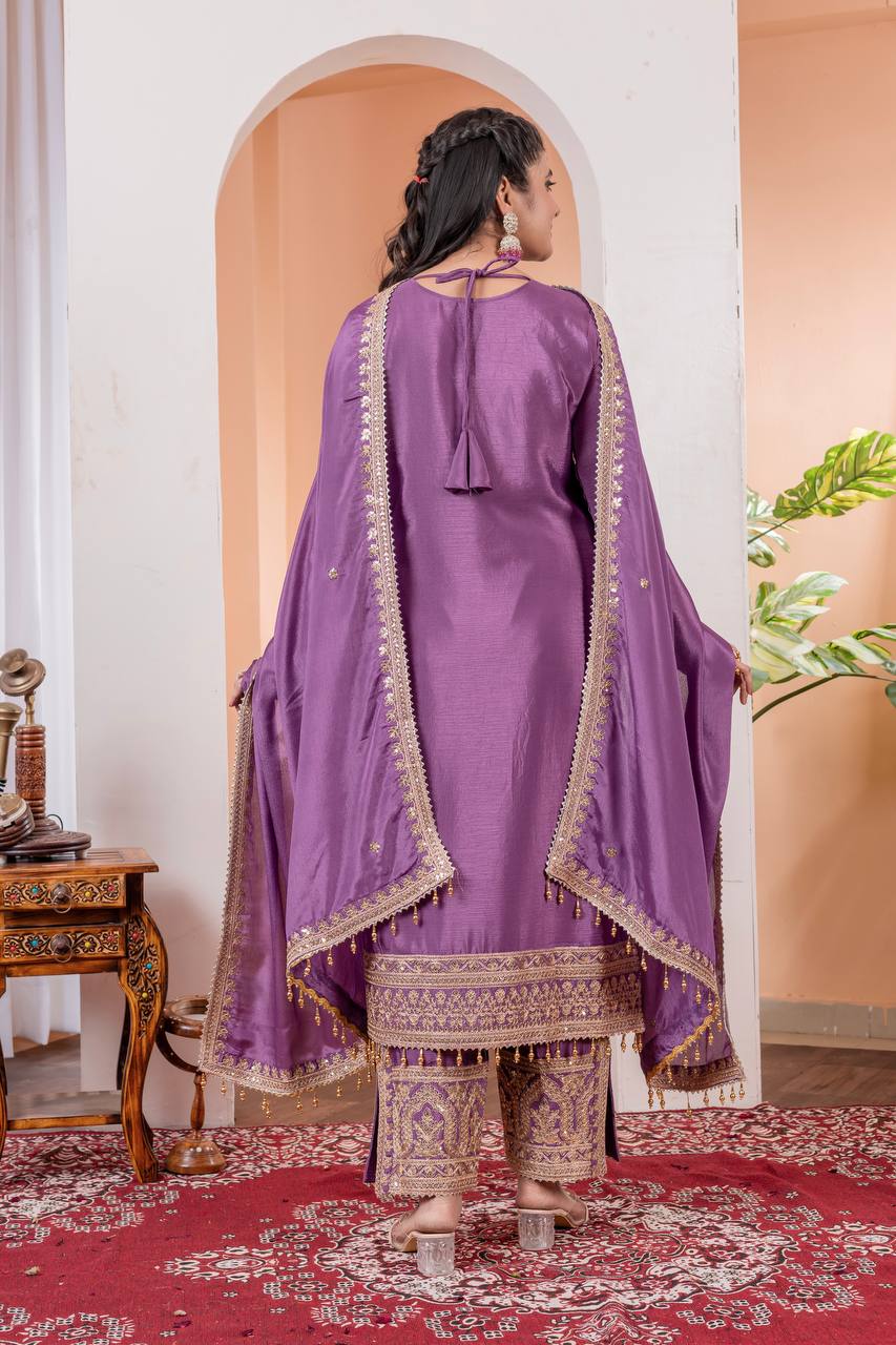 Chinon Silk Embroidered Work Salwar Suit - Jaipur Blossom