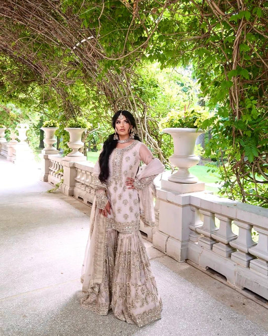 Peach Designer Sharara Suit in Georgette With Sequence Embroidery and Real Mirror - Jaipur Blossom