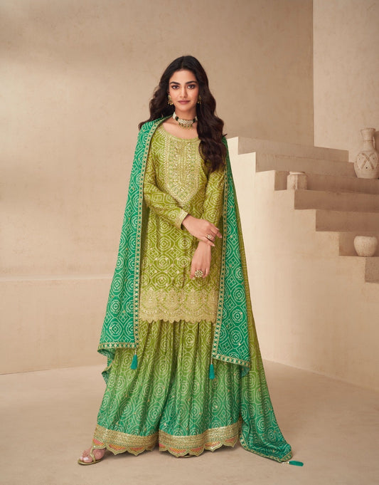 Green Chinon Printed Zari Palazzo Stitched Suit Set - Jaipur Blossom