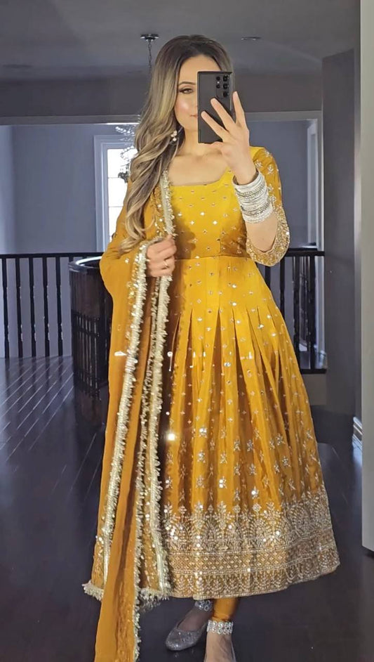 Chinnon Silk Yellow Party Wear Embroidery Work Readymade Anarkali Suit - Jaipur Blossom