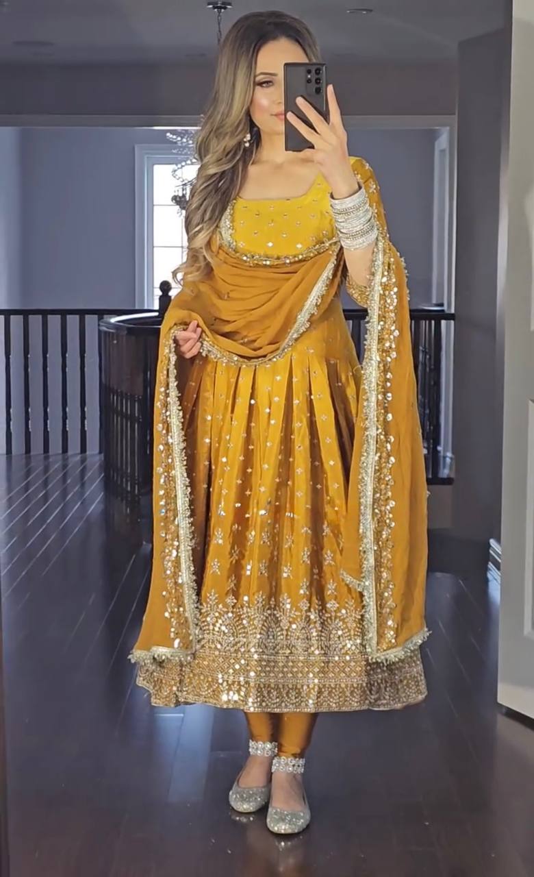 Chinnon Silk Yellow Party Wear Embroidery Work Readymade Anarkali Suit - Jaipur Blossom