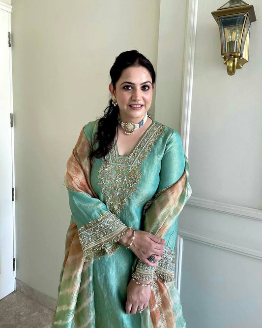 Designer Party Wear Look Pur Crunchy Silk Top Plazzo & Dupatta Set - Jaipur Blossom