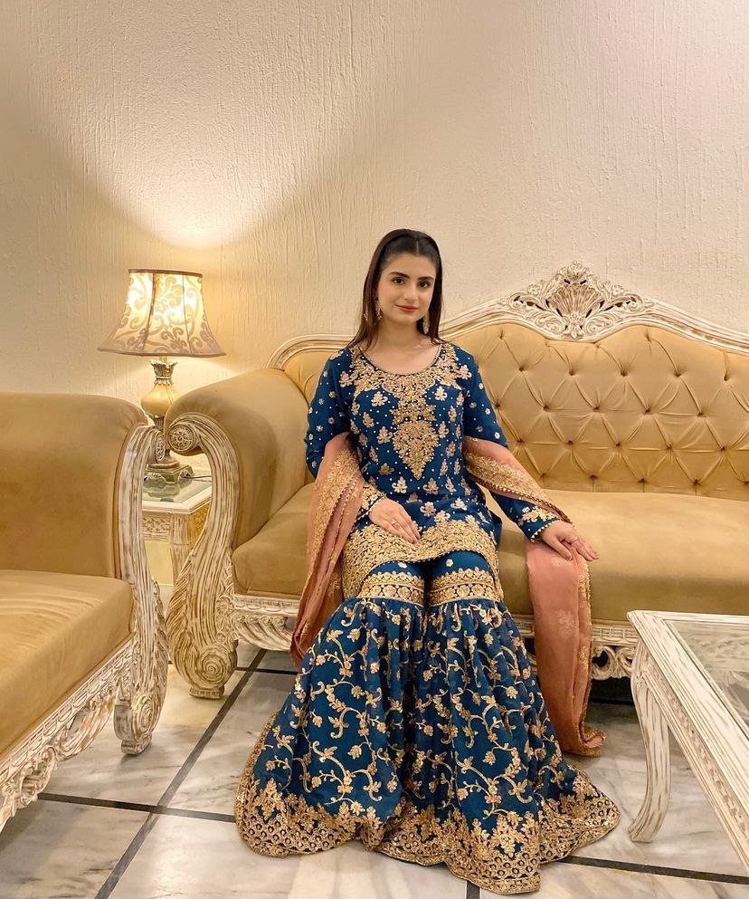 Designe Blue Kurti Sharara With Dupatta For Wedding Occasions - Jaipur Blossom