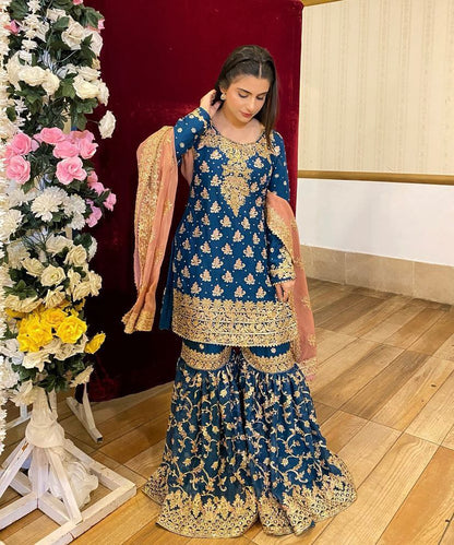 Designe Blue Kurti Sharara With Dupatta For Wedding Occasions - Jaipur Blossom
