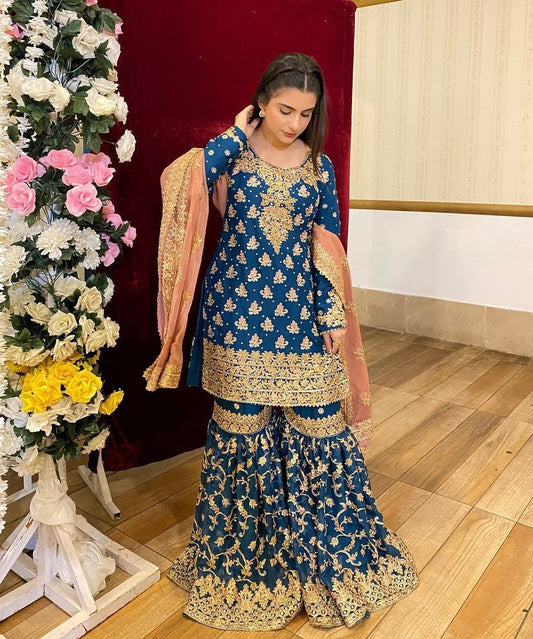 Designe Blue Kurti Sharara With Dupatta For Wedding Occasions - Jaipur Blossom