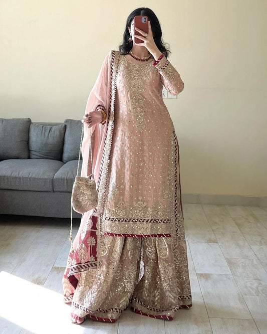Peach Color Wedding Wear Designer Embroidered Sharara Suit - Jaipur Blossom