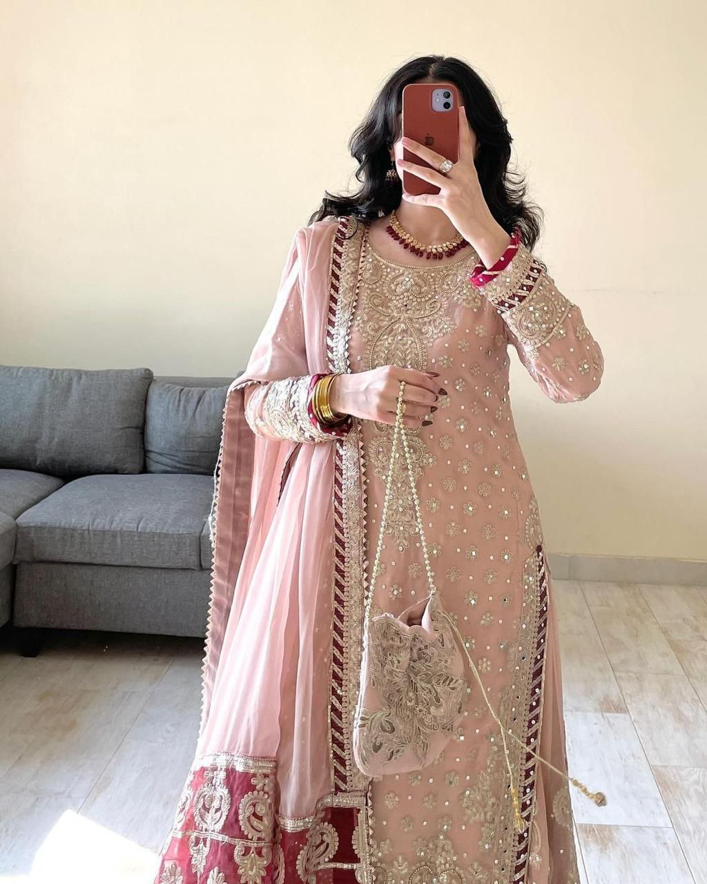 Peach Color Wedding Wear Designer Embroidered Sharara Suit - Jaipur Blossom