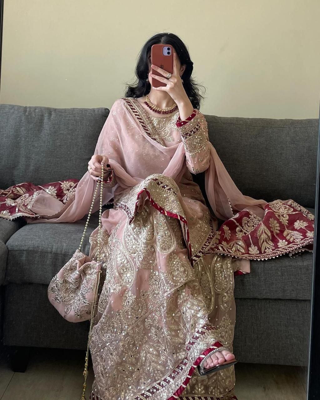 Peach Color Wedding Wear Designer Embroidered Sharara Suit - Jaipur Blossom