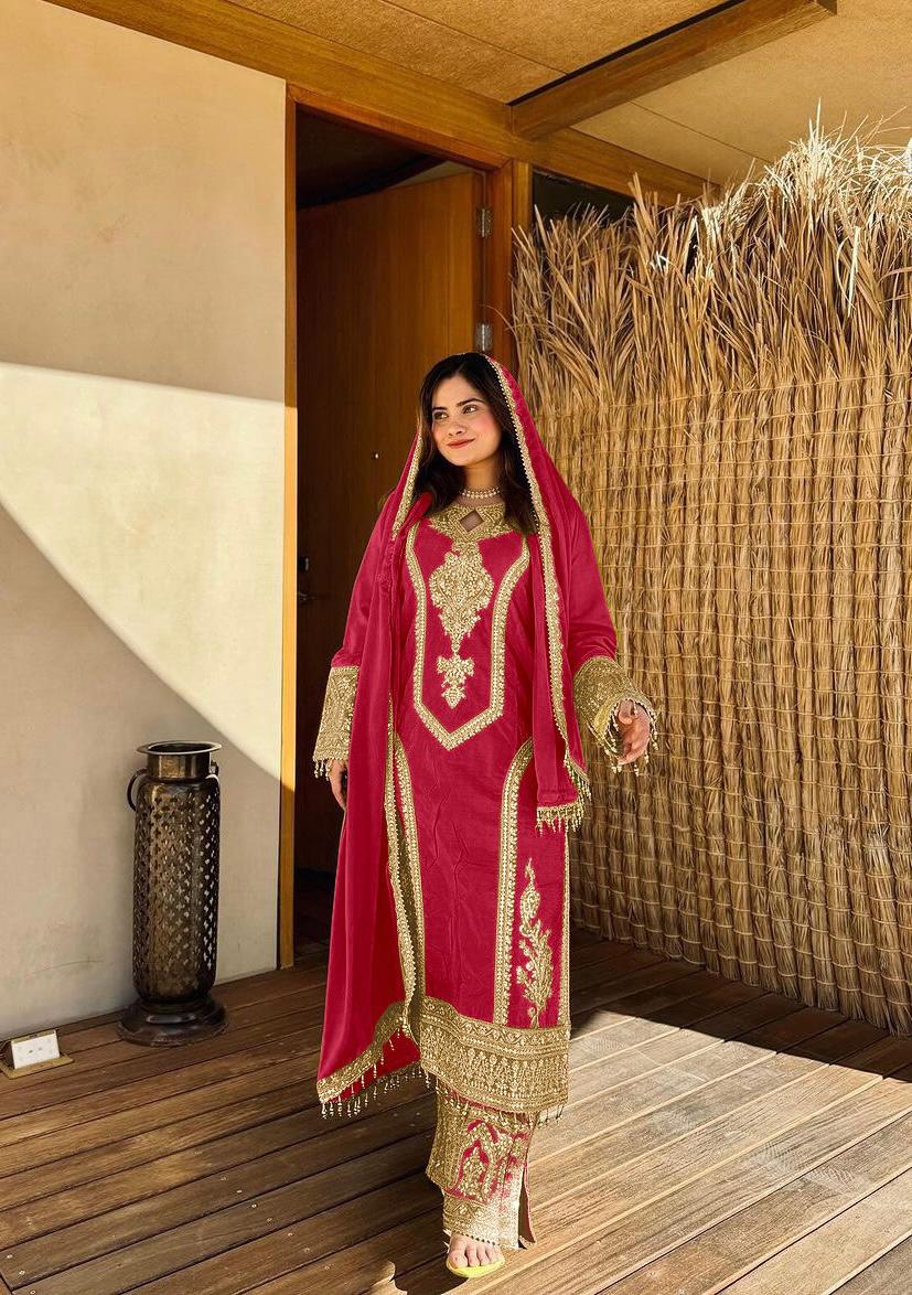 Chinon Silk Embroidered Work Salwar Suit - Jaipur Blossom