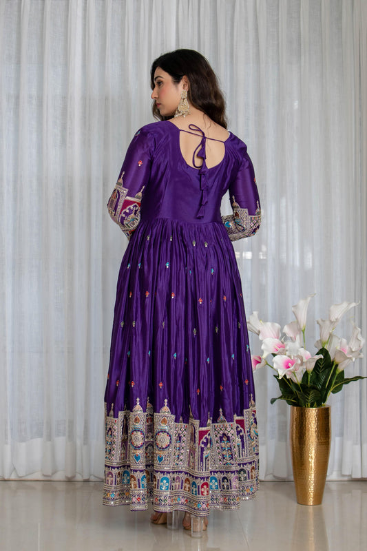New Collection Pure Chinon Silk Gown-Pant Set with Dupatta and Heavy Embroidery