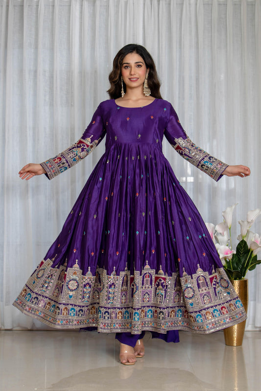 New Collection Pure Chinon Silk Gown-Pant Set with Dupatta and Heavy Embroidery