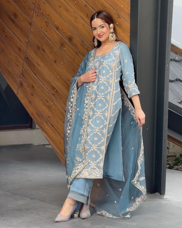 Exclusive Powder Blue Pure Georgette Embroidery Work Pakistani Suit With Dupatta
