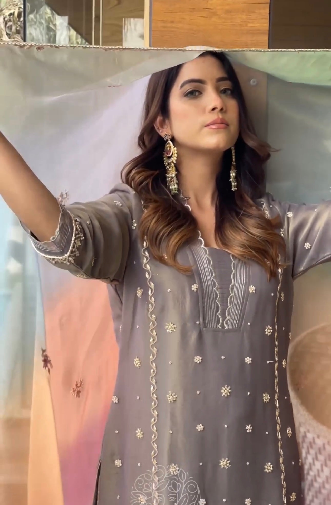 Embroidered Pure Shimmer Organza Shirt & Ombré Dupatta with Pure Crepe Bottoms - Jaipur Blossom