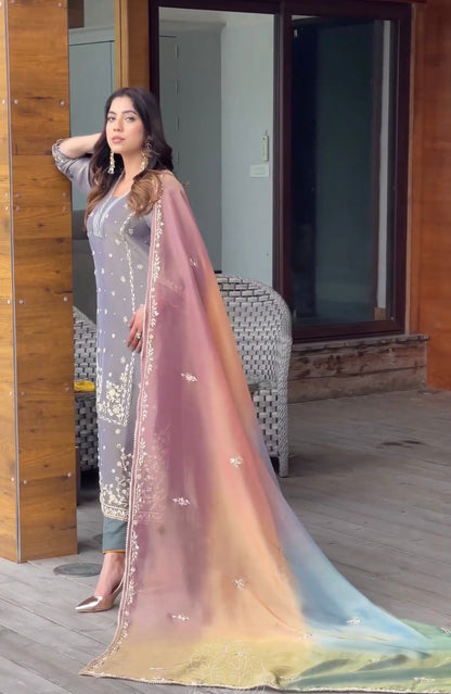 Embroidered Pure Shimmer Organza Shirt & Ombré Dupatta with Pure Crepe Bottoms - Jaipur Blossom