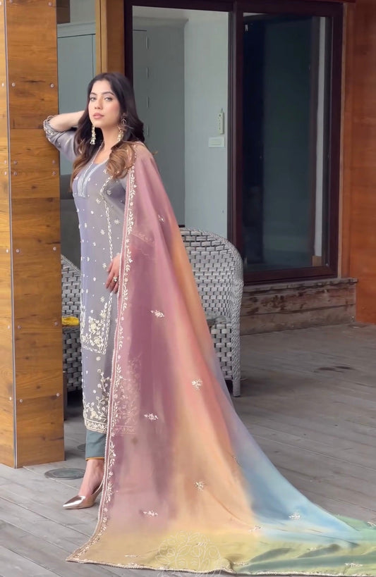 Embroidered Pure Shimmer Organza Shirt & Ombré Dupatta with Pure Crepe Bottoms - Jaipur Blossom