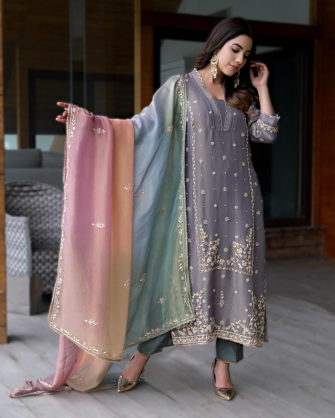 Embroidered Pure Shimmer Organza Shirt & Ombré Dupatta with Pure Crepe Bottoms - Jaipur Blossom