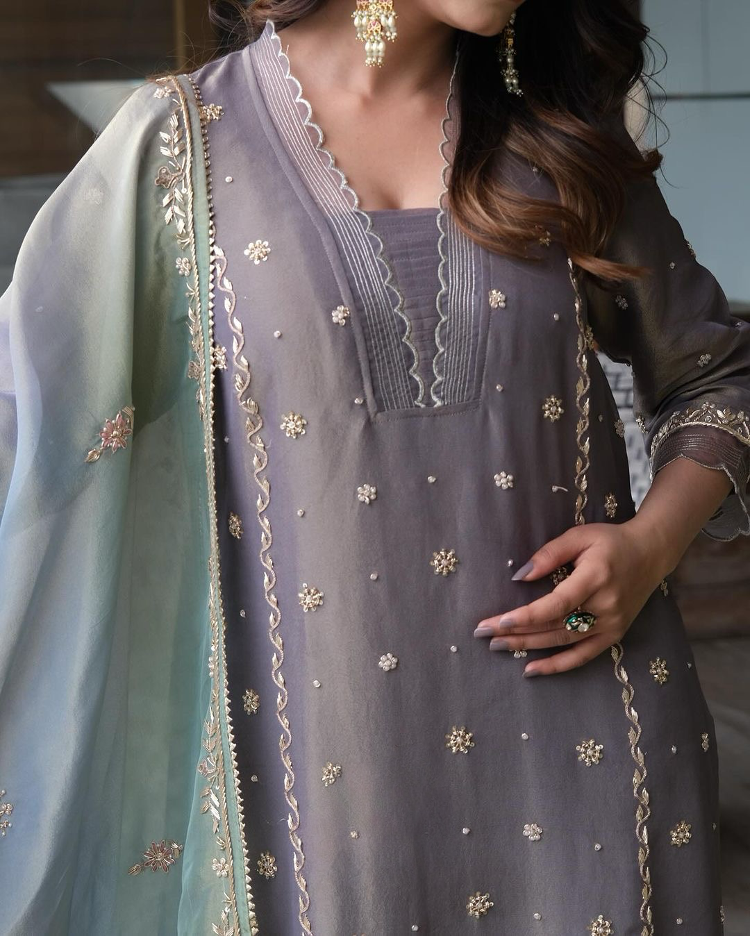 Embroidered Pure Shimmer Organza Shirt & Ombré Dupatta with Pure Crepe Bottoms - Jaipur Blossom