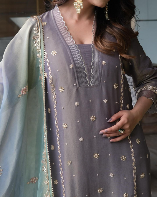 Embroidered Pure Shimmer Organza Shirt & Ombré Dupatta with Pure Crepe Bottoms - Jaipur Blossom