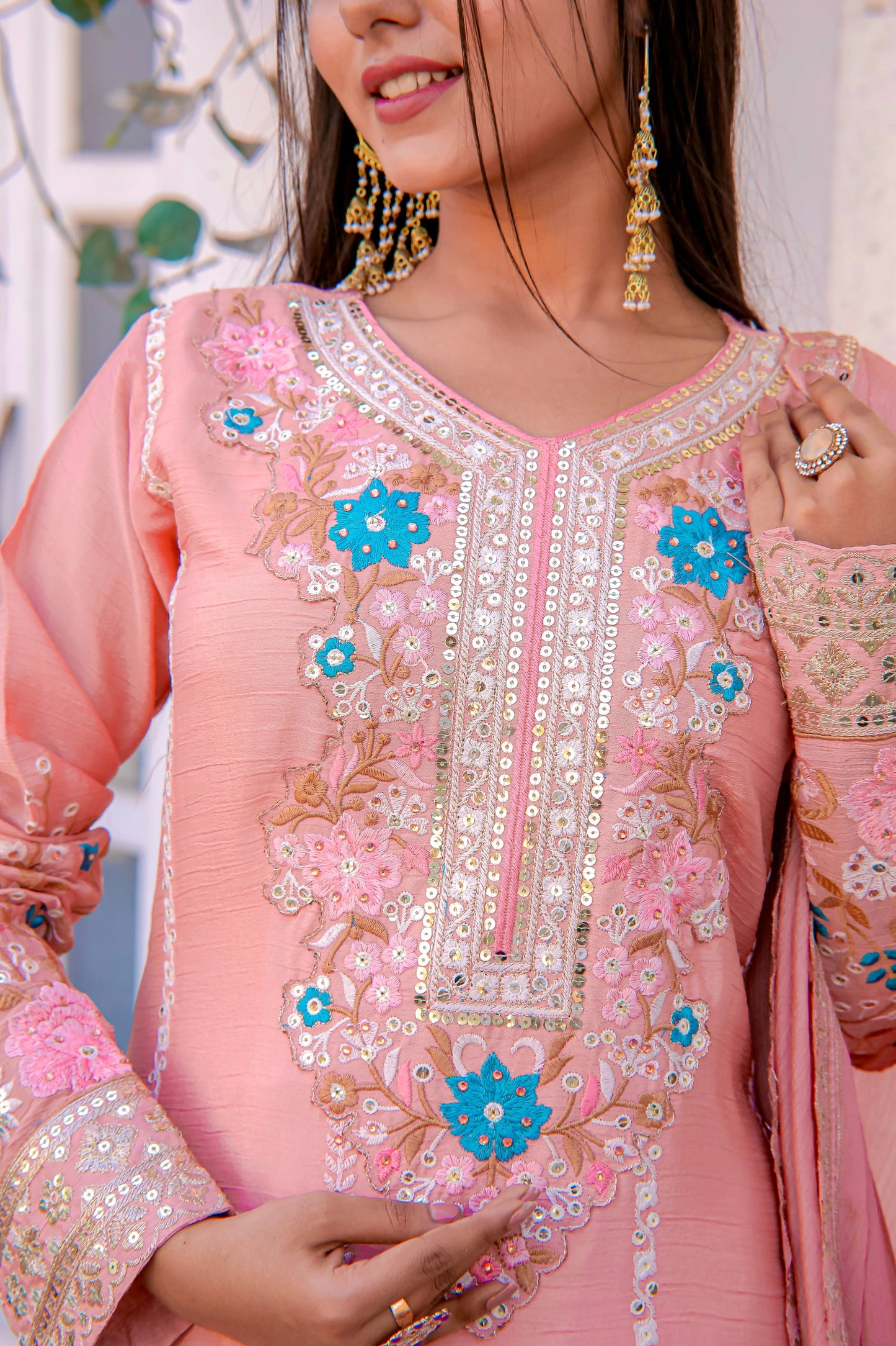 Designer Party Wear Look Pur Chinon Silk Top Plazzo & Dupatta Set - Jaipur Blossom