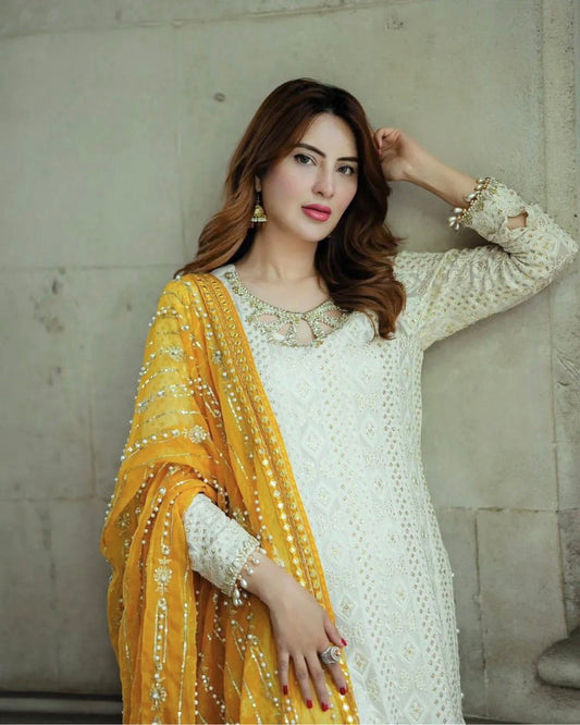 WHITE GEORGETTE EMBROIDERY SEQUENCE SALWAR SUIT - Jaipur Blossom
