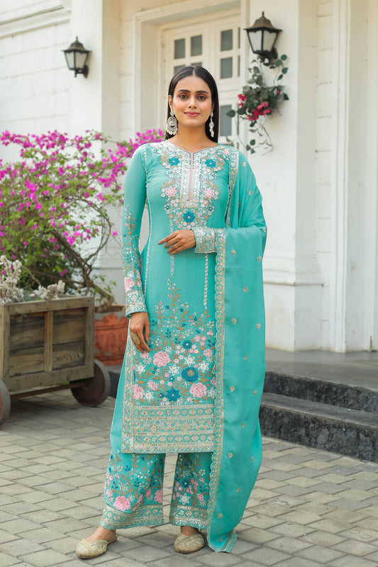 Designer Party Wear Look Pur Chinon Silk Top Plazzo & Dupatta Set - Jaipur Blossom