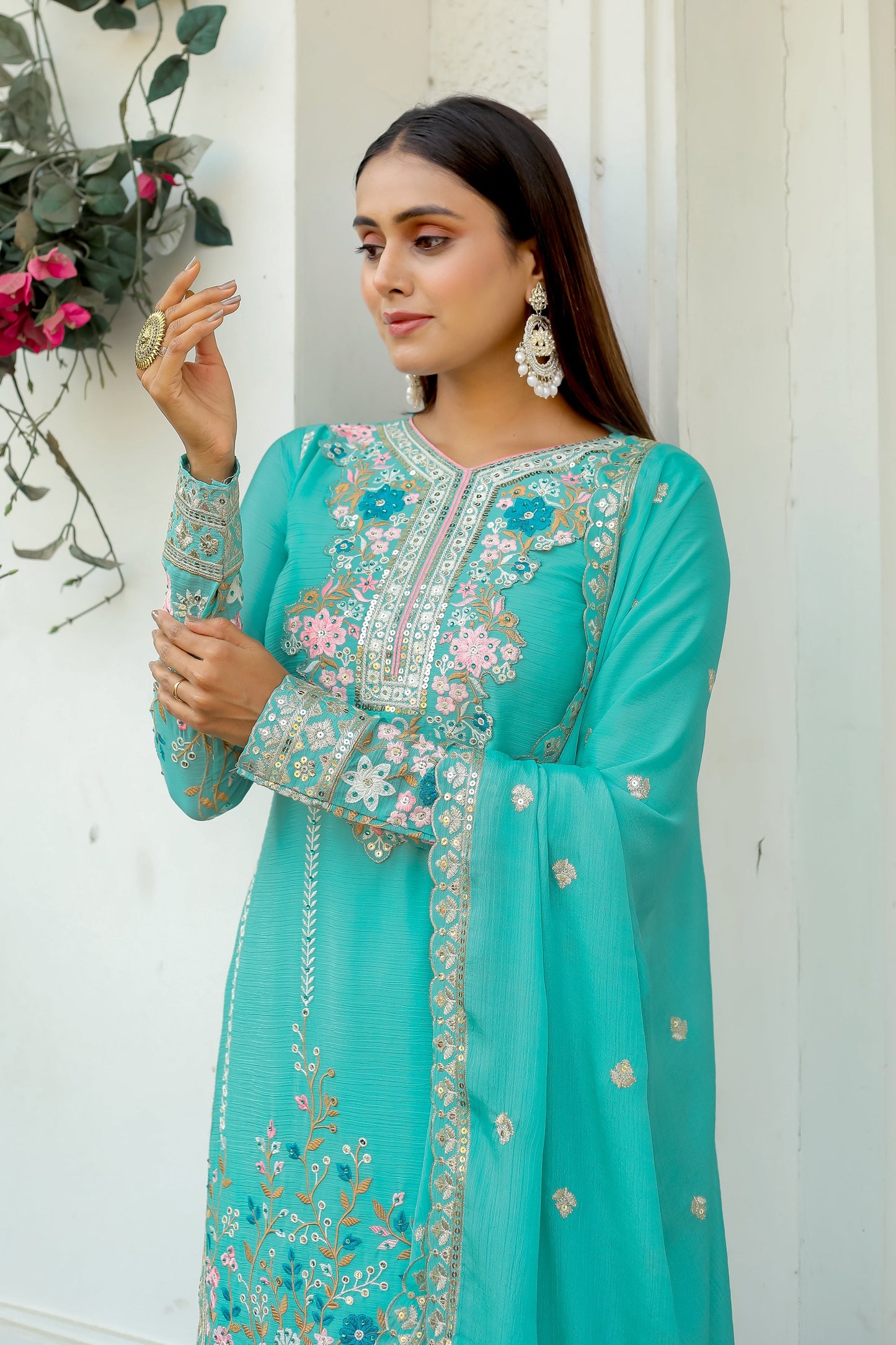 Designer Party Wear Look Pur Chinon Silk Top Plazzo & Dupatta Set - Jaipur Blossom