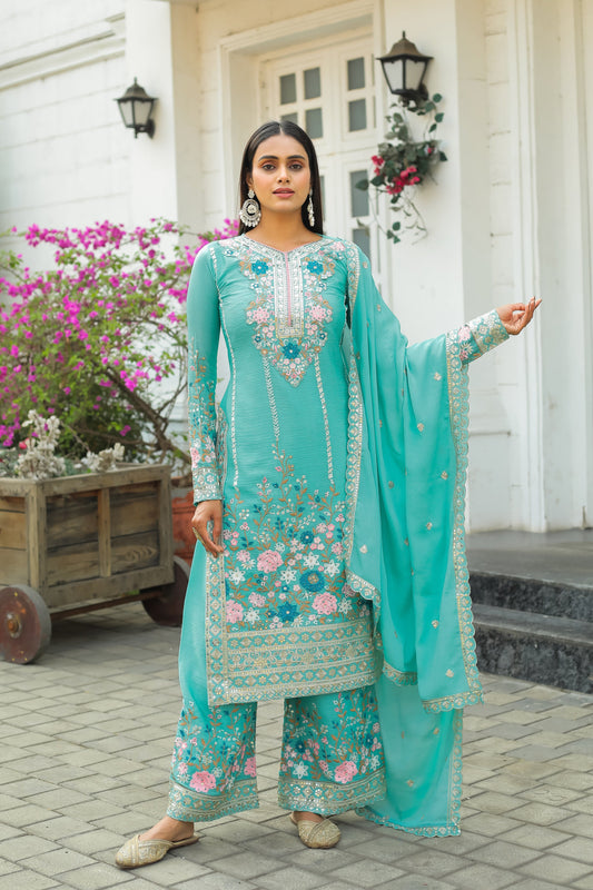 Designer Party Wear Look Pur Chinon Silk Top Plazzo & Dupatta Set - Jaipur Blossom