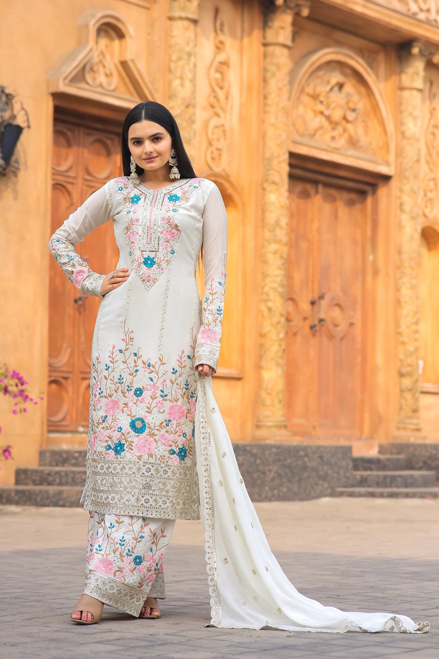 Designer Party Wear Look Pur Chinon Silk Top Plazzo & Dupatta Set - Jaipur Blossom