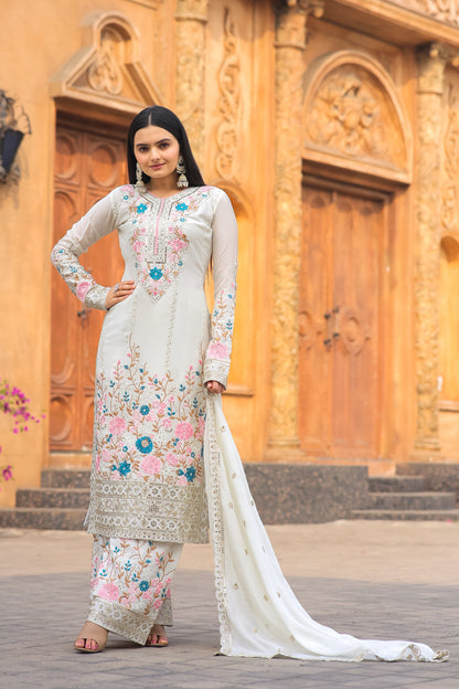 Designer Party Wear Look Pur Chinon Silk Top Plazzo & Dupatta Set - Jaipur Blossom