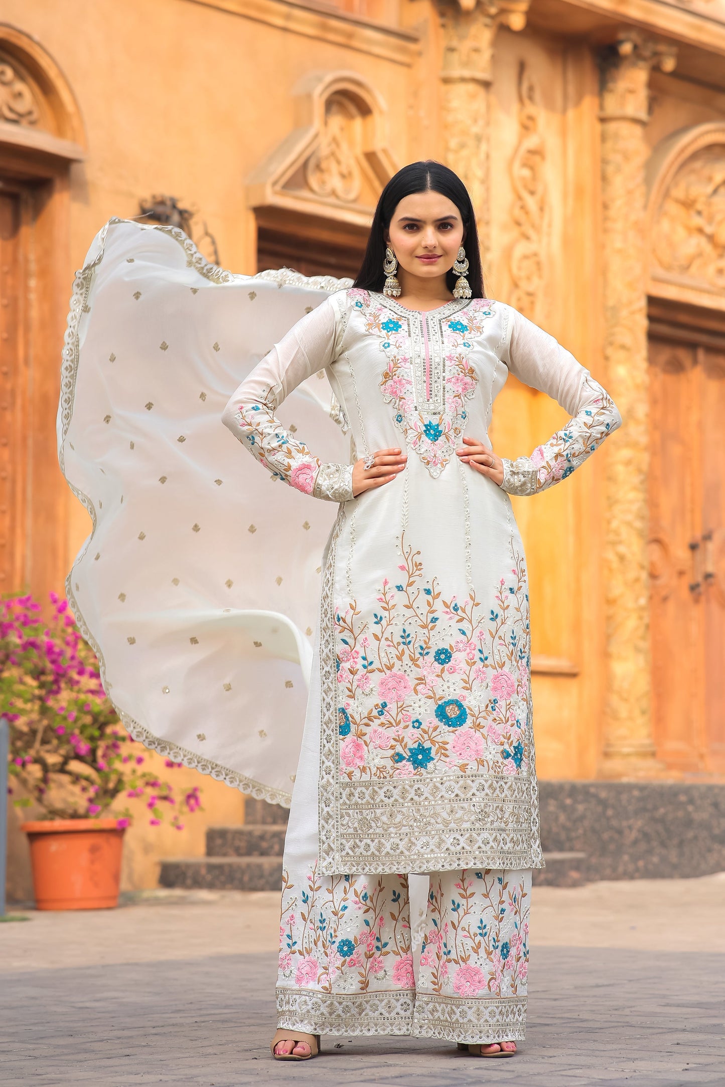Designer Party Wear Look Pur Chinon Silk Top Plazzo & Dupatta Set - Jaipur Blossom