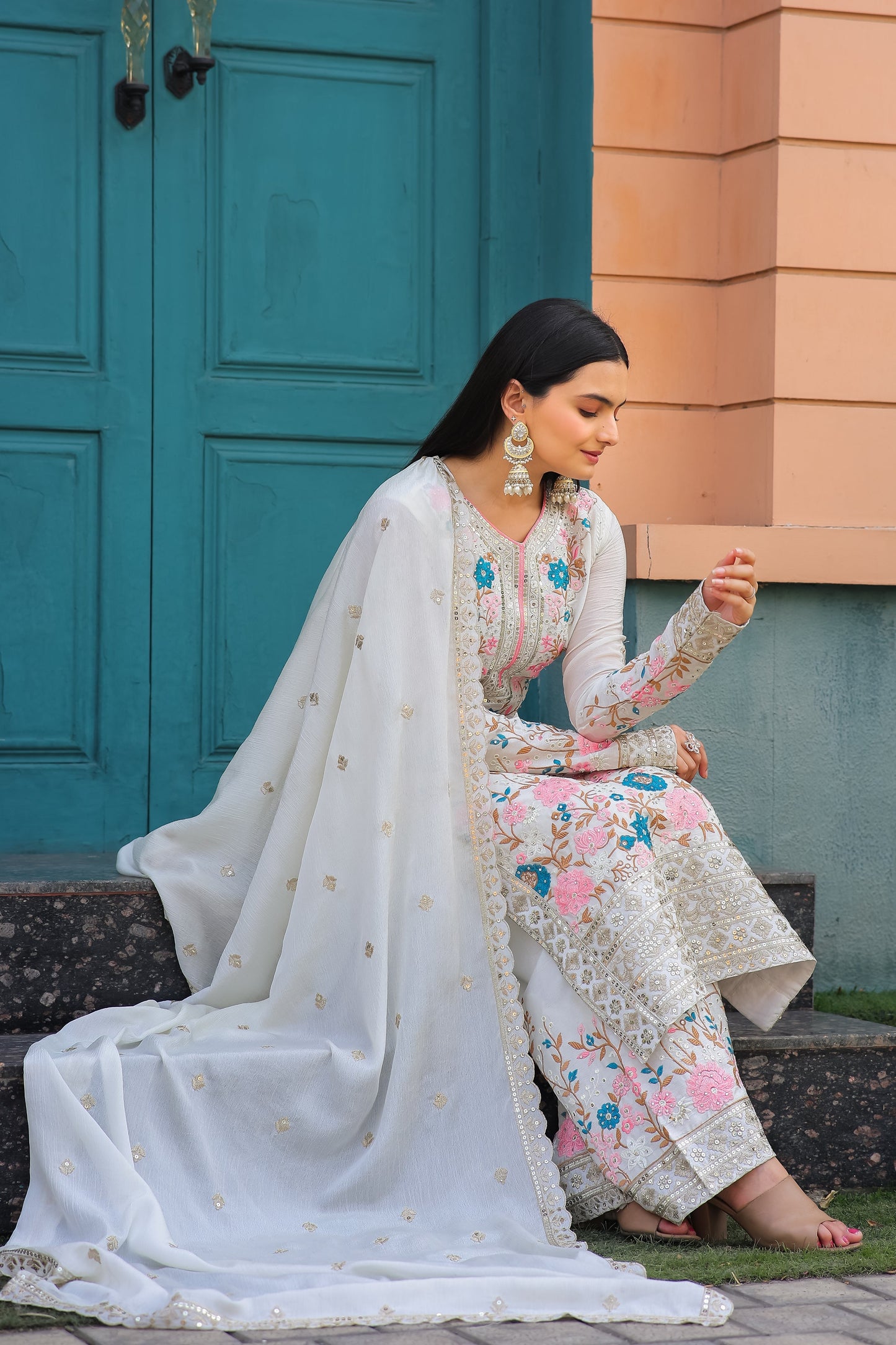 Designer Party Wear Look Pur Chinon Silk Top Plazzo & Dupatta Set - Jaipur Blossom