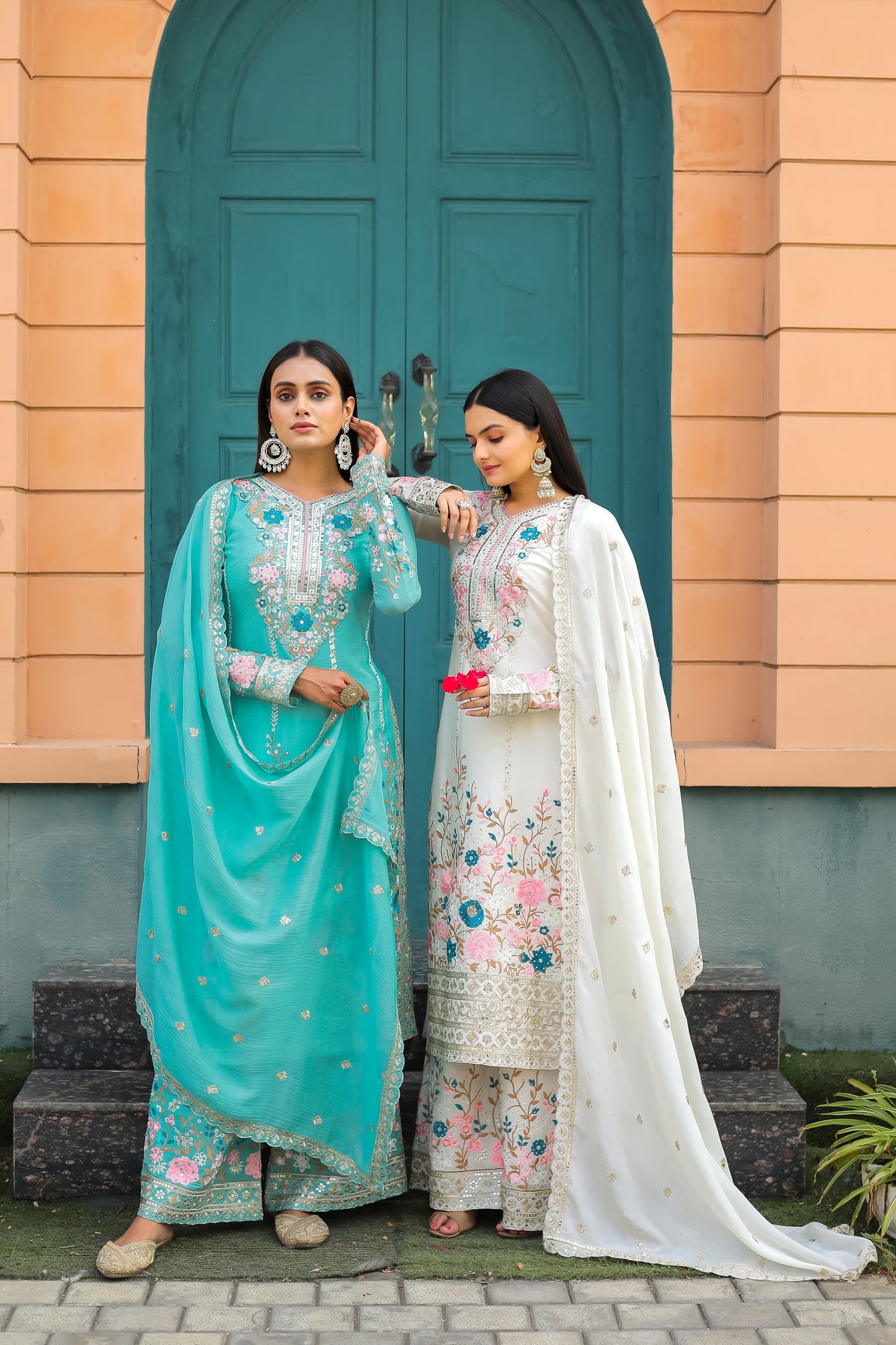 Designer Party Wear Look Pur Chinon Silk Top Plazzo & Dupatta Set - Jaipur Blossom
