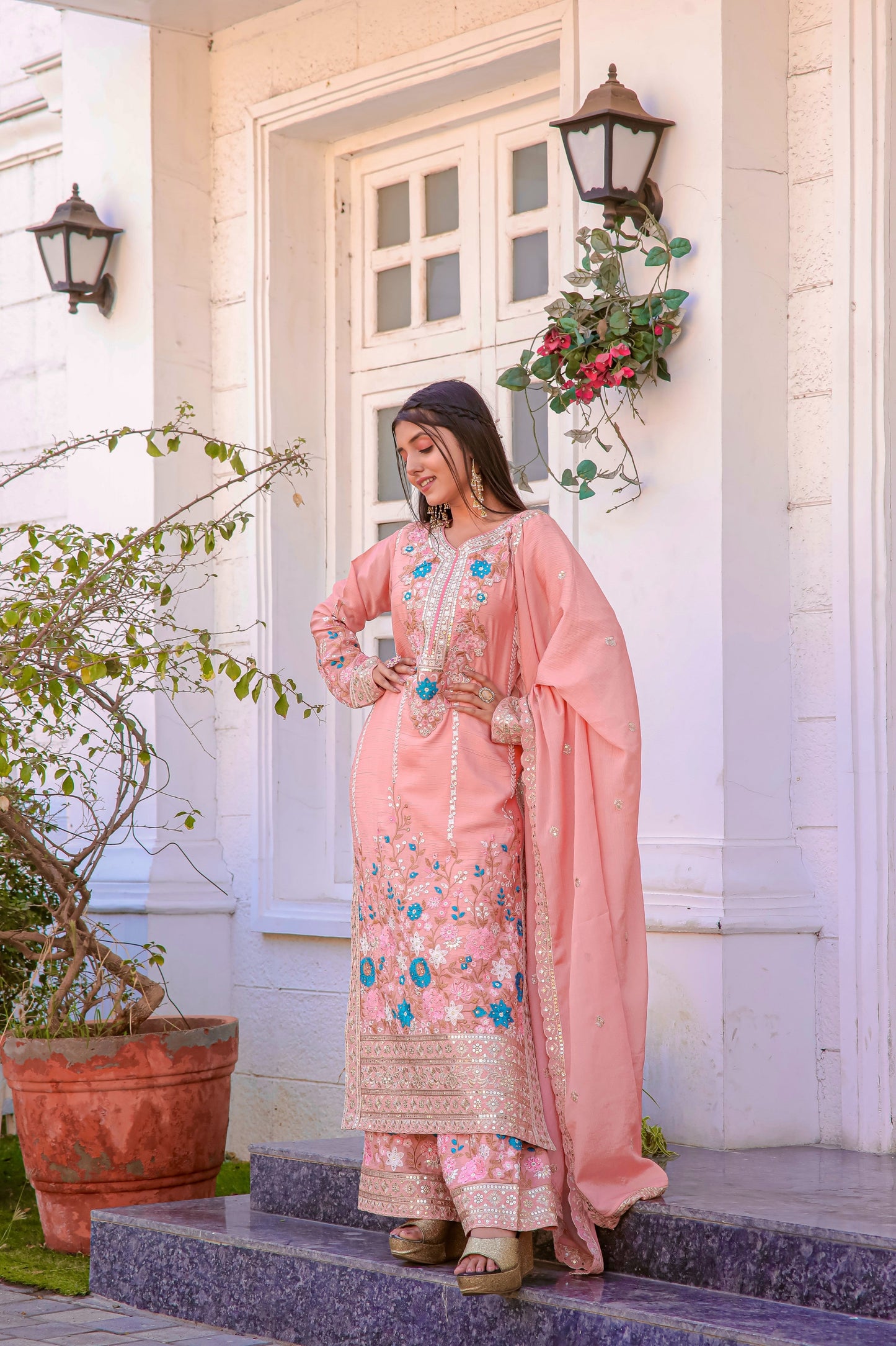 Designer Party Wear Look Pur Chinon Silk Top Plazzo & Dupatta Set - Jaipur Blossom