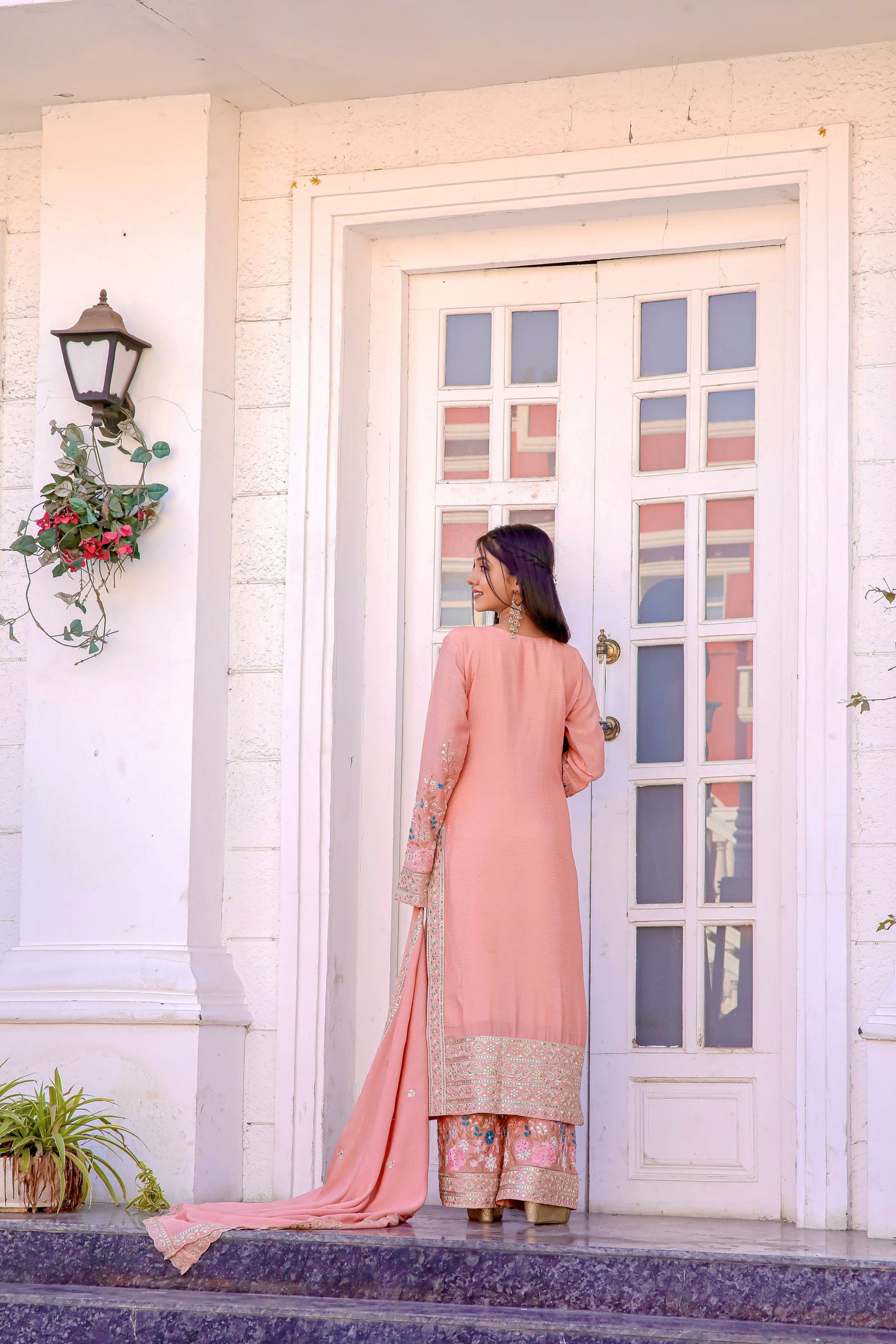 Designer Party Wear Look Pur Chinon Silk Top Plazzo & Dupatta Set - Jaipur Blossom