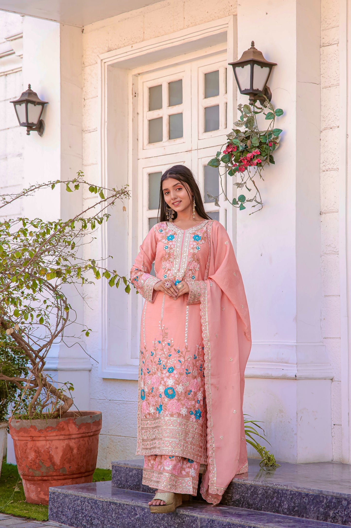 Designer Party Wear Look Pur Chinon Silk Top Plazzo & Dupatta Set - Jaipur Blossom
