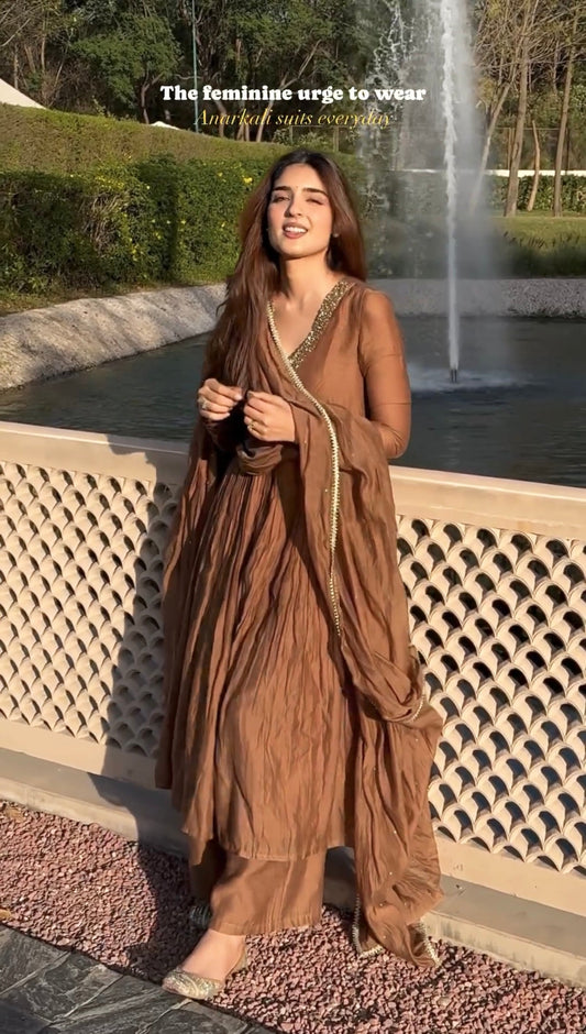 Sublime Brown Color Pure Chinon Silk Embroidery Sharara Suit - Jaipur Blossom