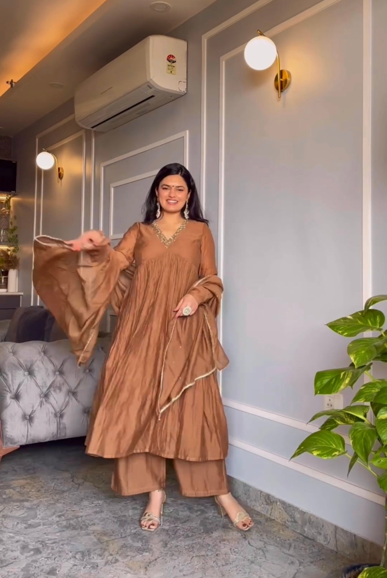 Sublime Brown Color Pure Chinon Silk Embroidery Sharara Suit - Jaipur Blossom