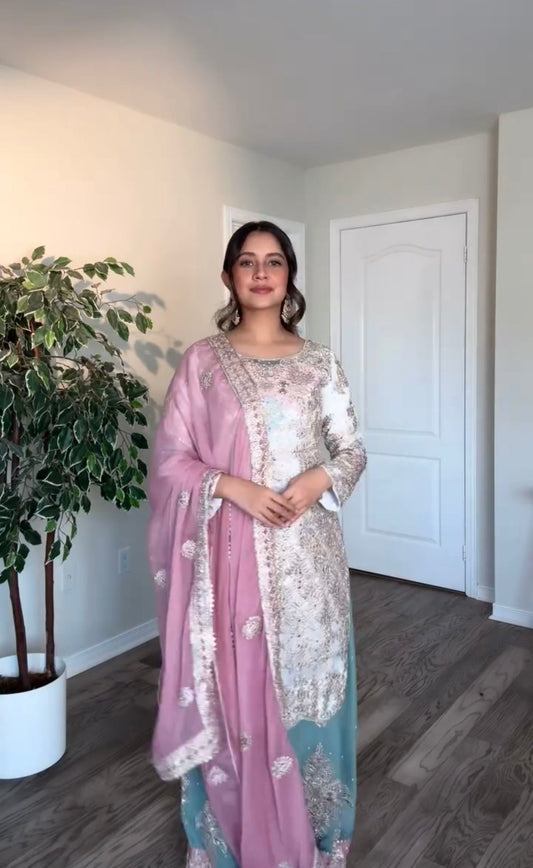 Premium Partywear Suit in Pastel Blush & Teal - Jaipur Blossom