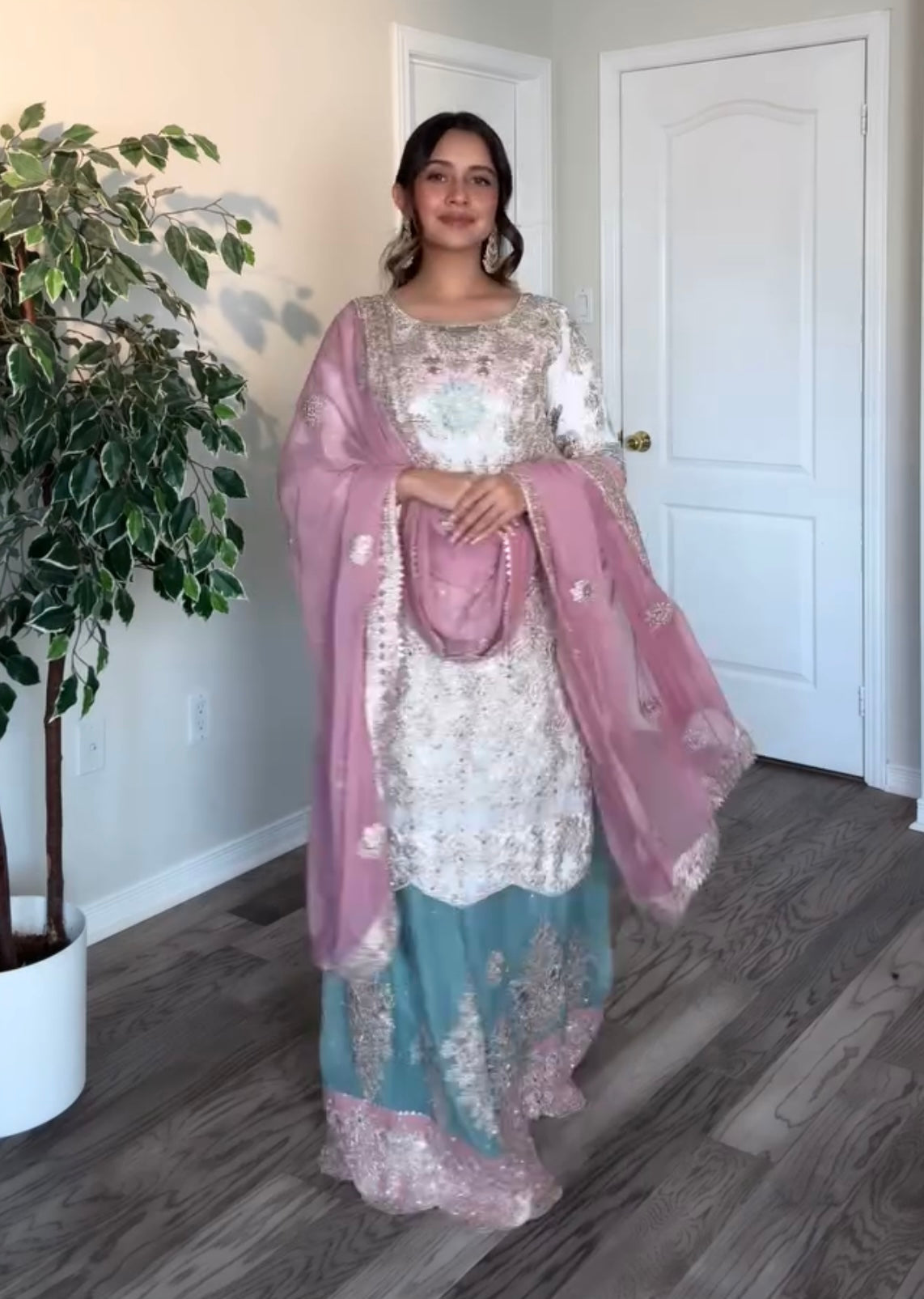 Premium Partywear Suit in Pastel Blush & Teal - Jaipur Blossom