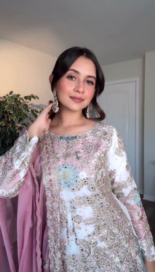 Premium Partywear Suit in Pastel Blush & Teal - Jaipur Blossom